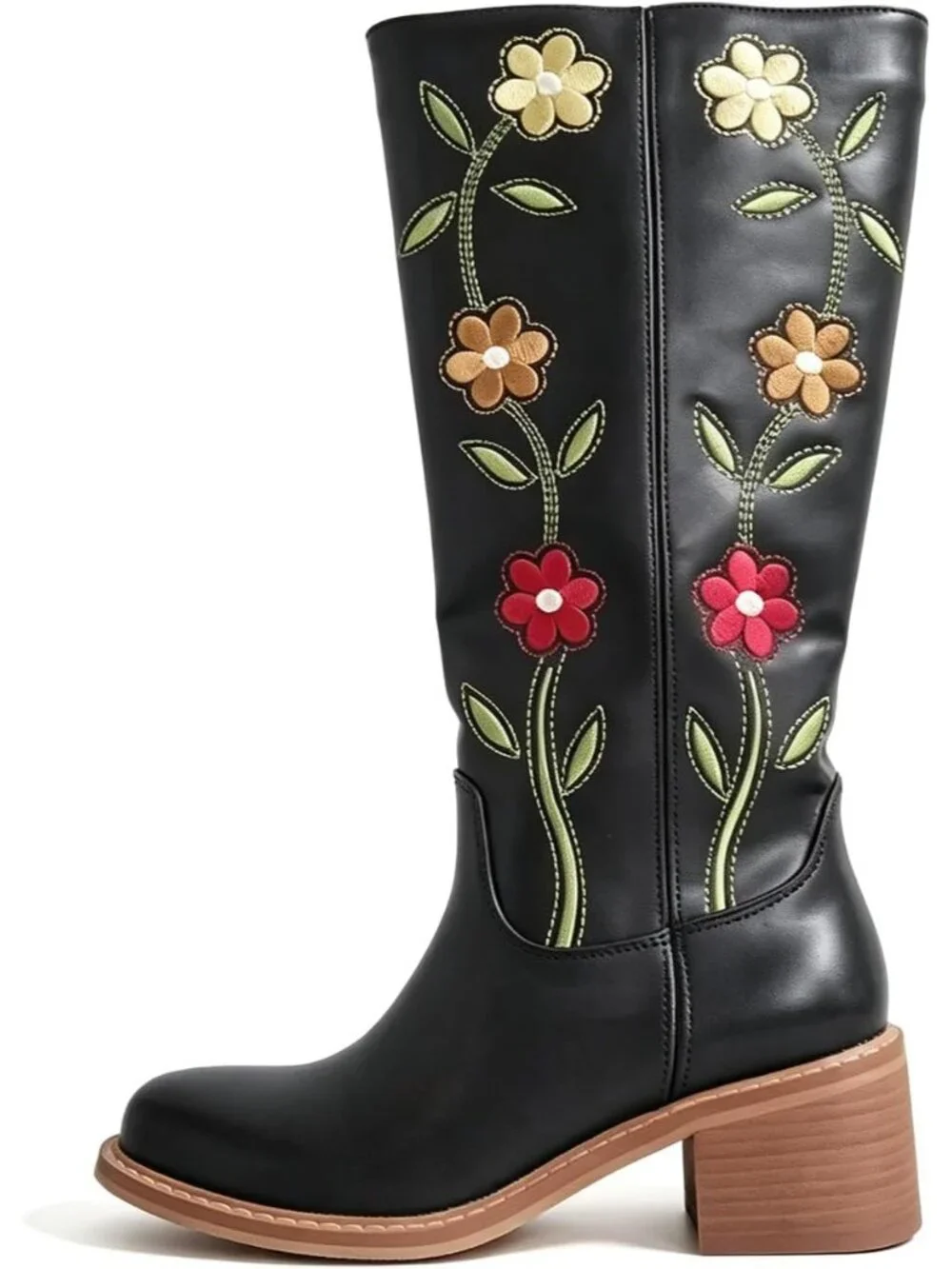 🆕Women's Black Floral Embroidered Western Cowboy Boots Mid Calf Square Heel